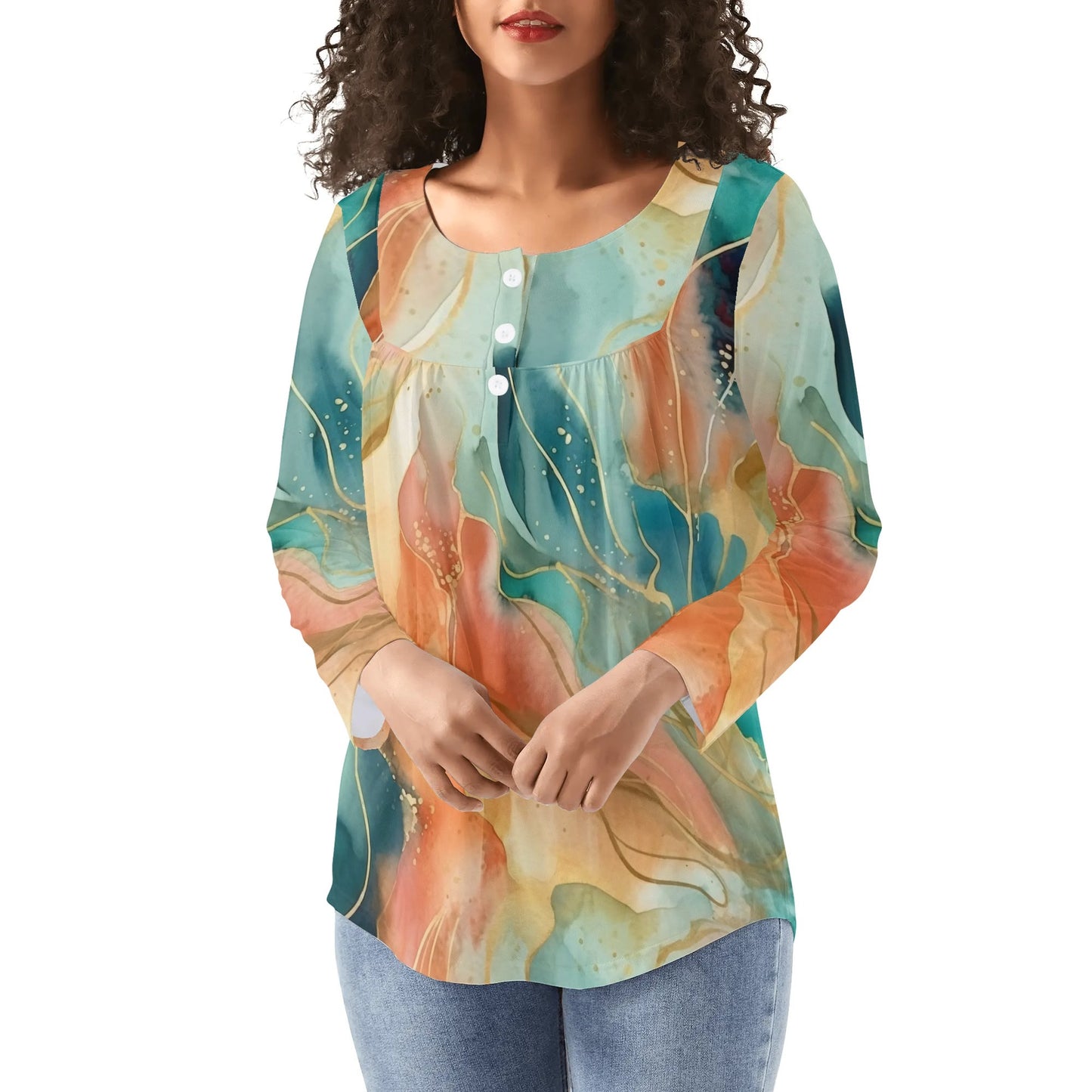 Lovely Prints - Reg & Plus Sizes - Womens Long Sleeve Loose Flare Blouse