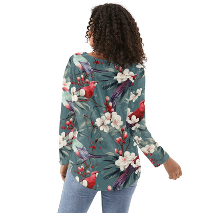 Hummingbirds - Reg & Plus Sizes - Womens Long Sleeve Loose Flare Blouse