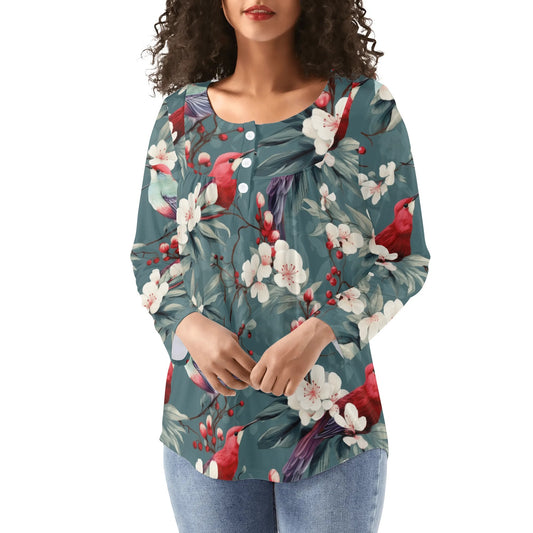 Hummingbirds - Reg & Plus Sizes - Womens Long Sleeve Loose Flare Blouse