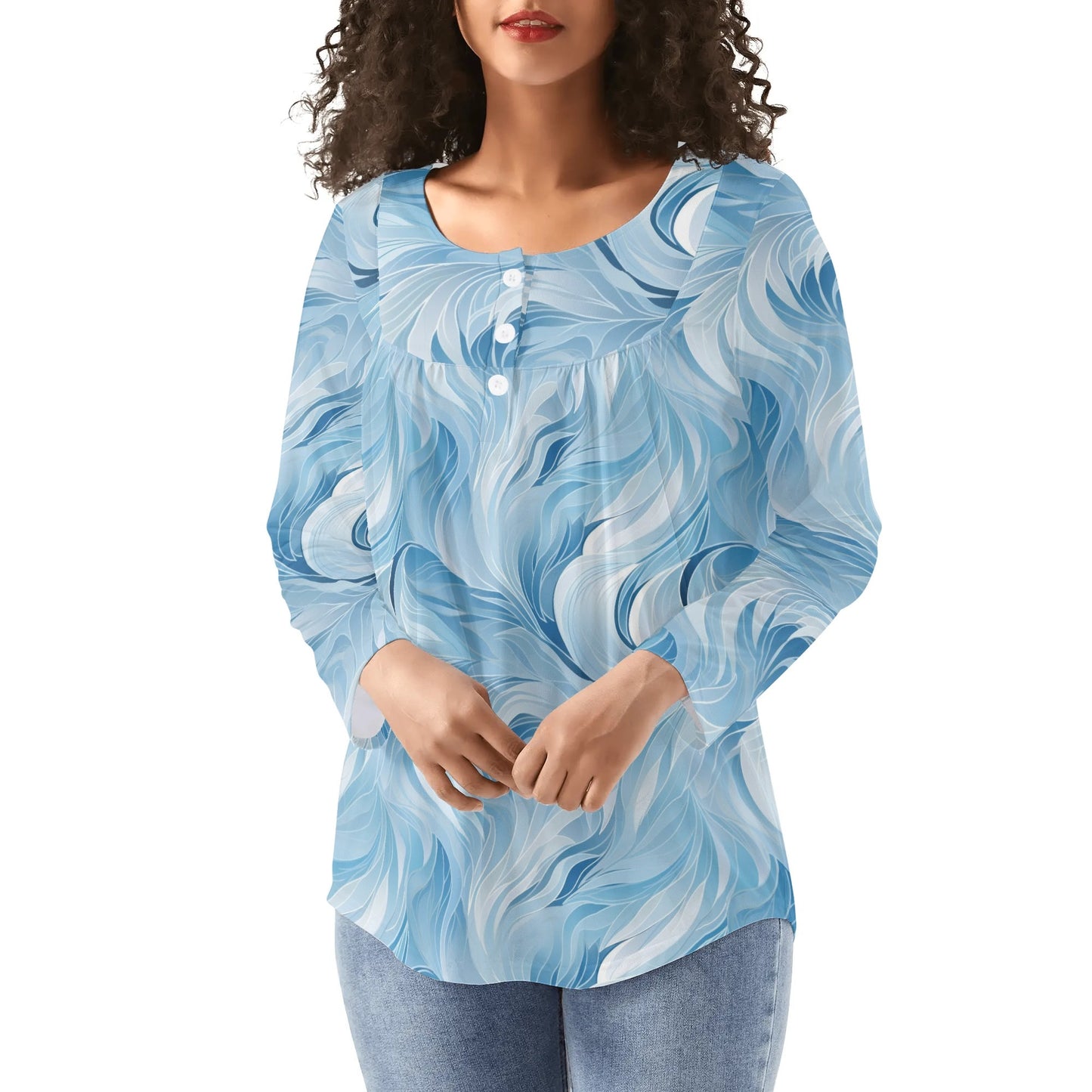 Lovely Prints - Reg & Plus Sizes - Womens Long Sleeve Loose Flare Blouse