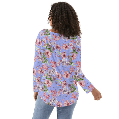 Pink & Purple Floral - Reg & Plus Sizes - Womens Long Sleeve Loose Flare Blouse