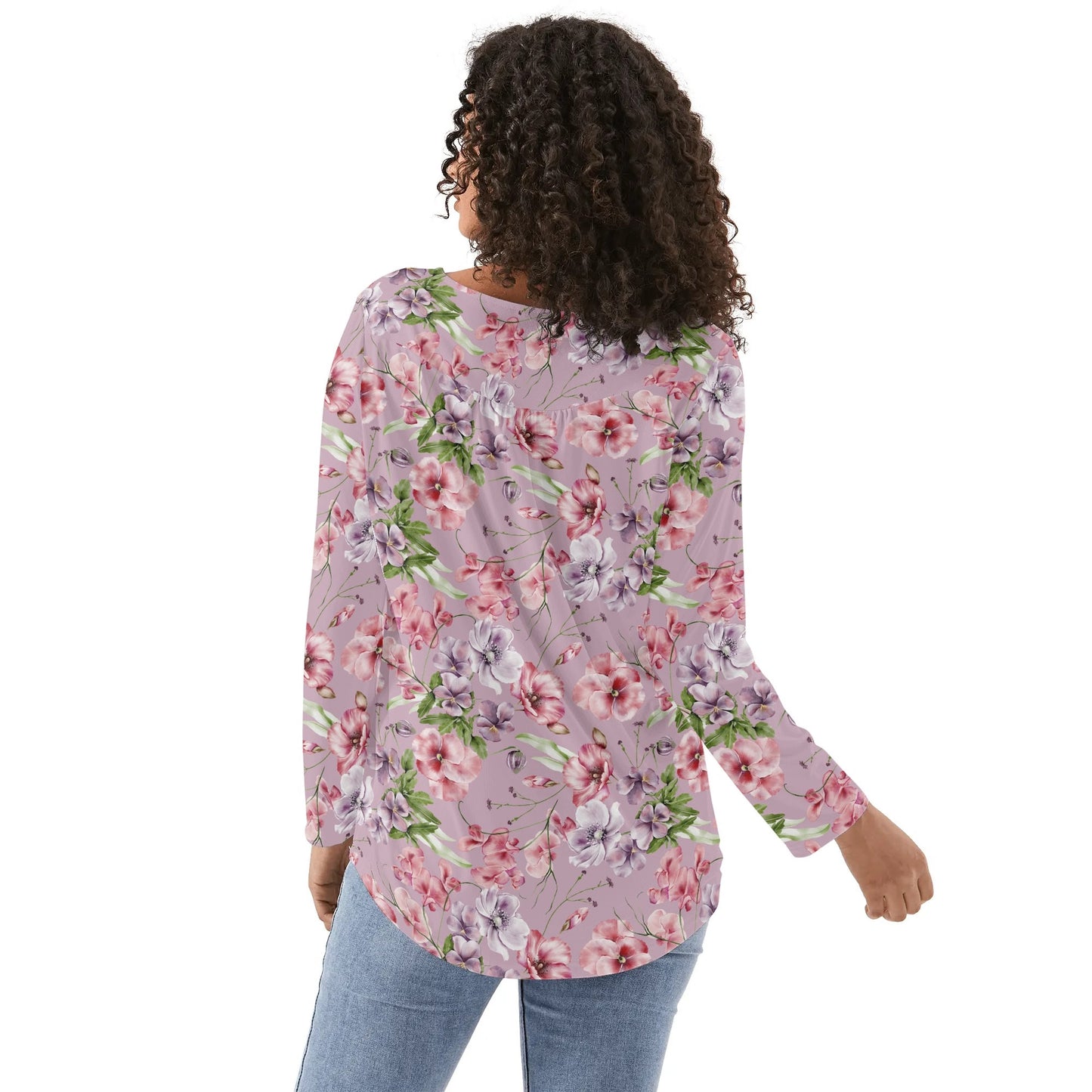 Pink & Purple Floral - Reg & Plus Sizes - Womens Long Sleeve Loose Flare Blouse