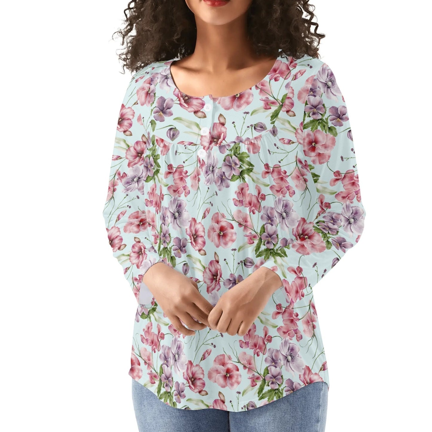 Women's Floral Long Sleeve Scoop Neck - Reg & Plus Sized Flare Blouses