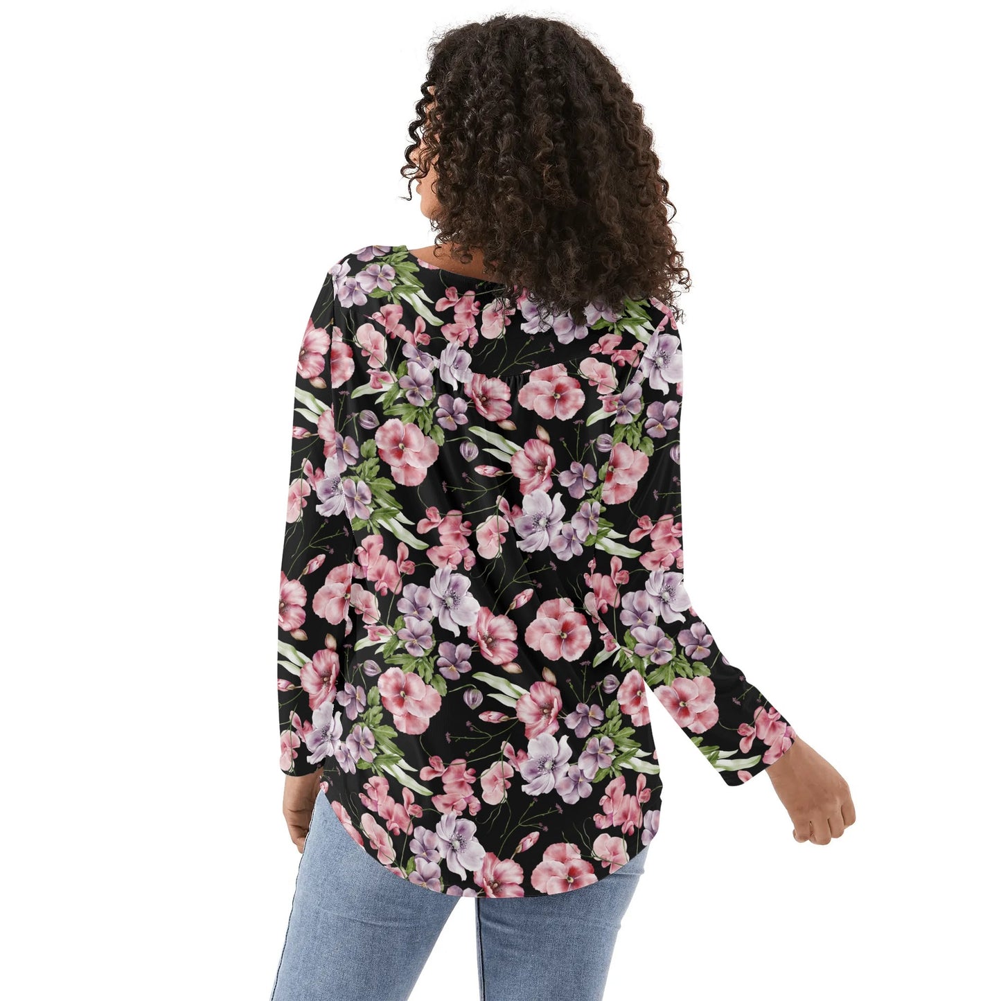 Pink & Purple Floral - Reg & Plus Sizes - Womens Long Sleeve Loose Flare Blouse