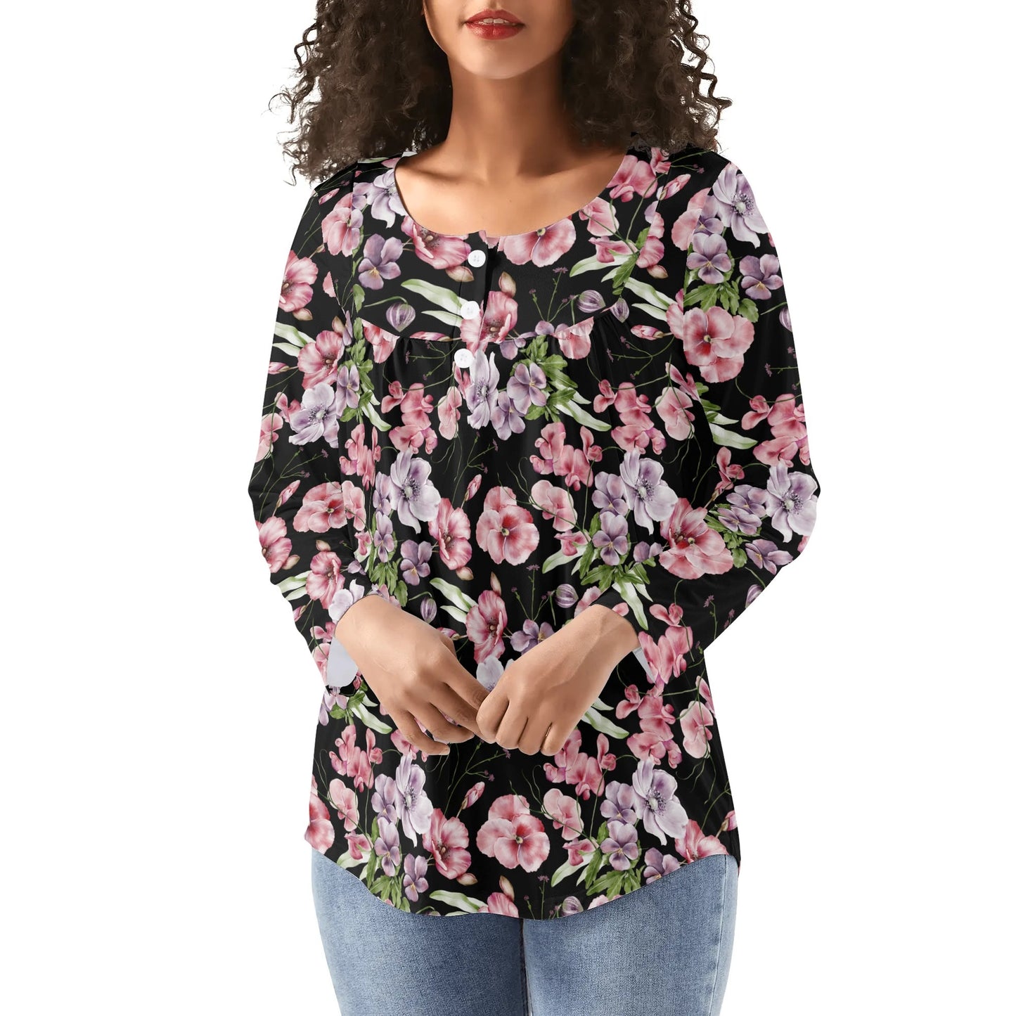 Pink & Purple Floral - Reg & Plus Sizes - Womens Long Sleeve Loose Flare Blouse