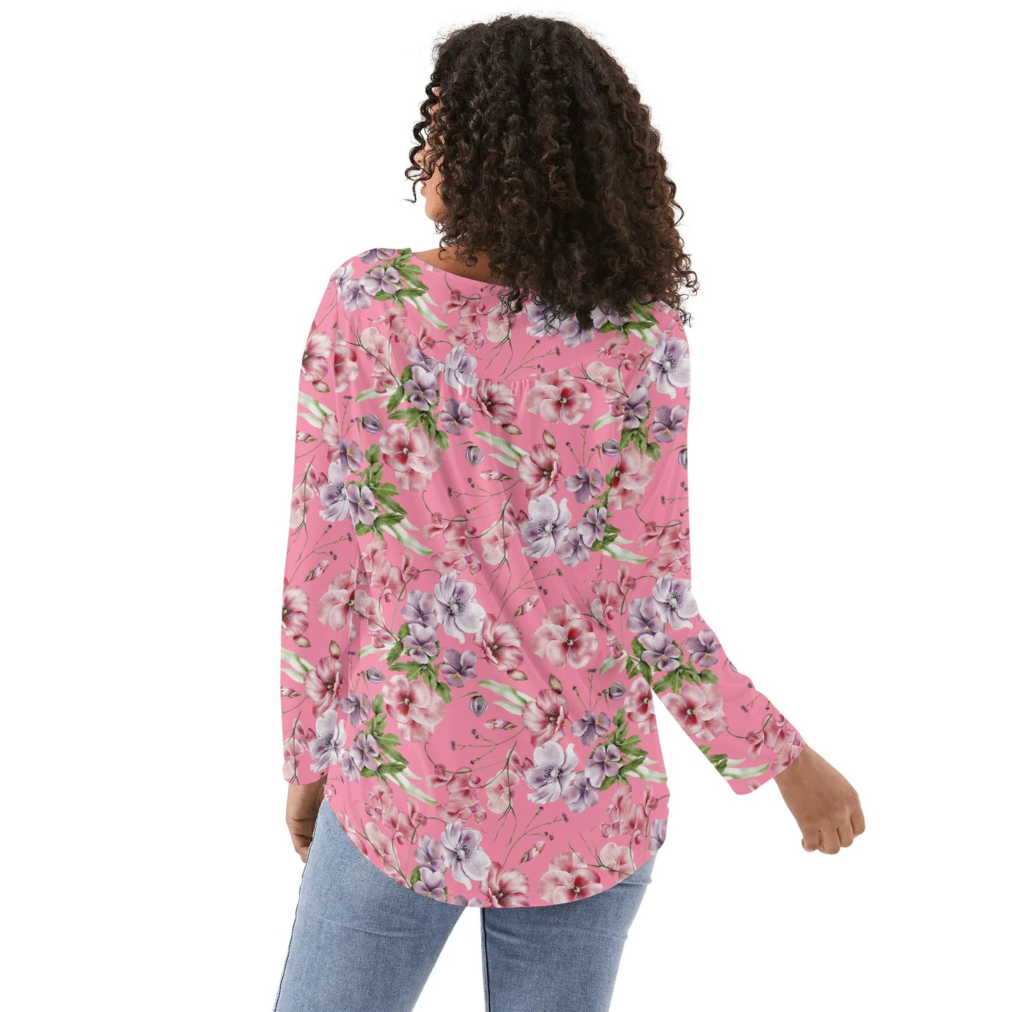 Pink & Purple Floral - Reg & Plus Sizes - Womens Long Sleeve Loose Flare Blouse