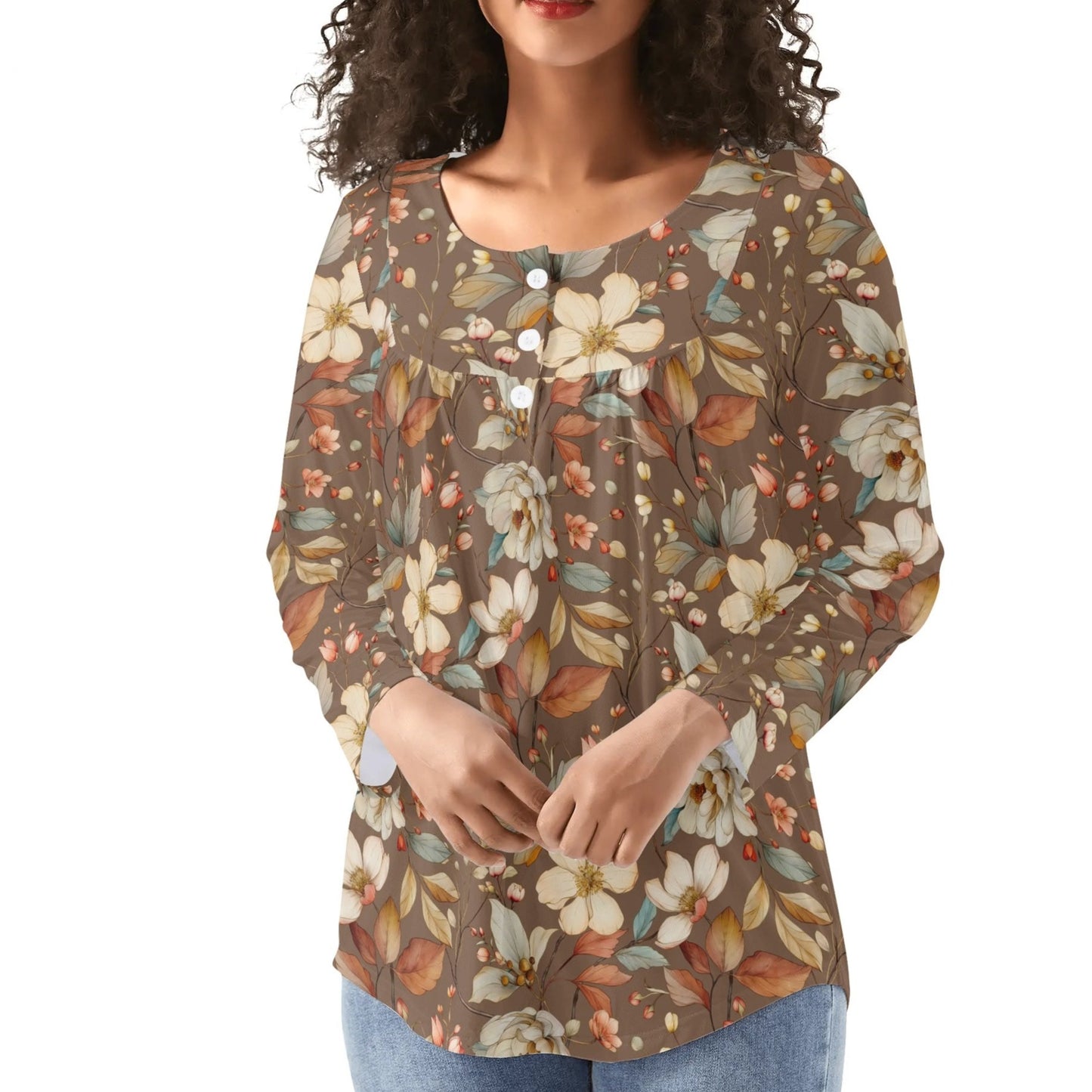 Women's Floral Long Sleeve Scoop Neck - Reg & Plus Sized Flare Blouses