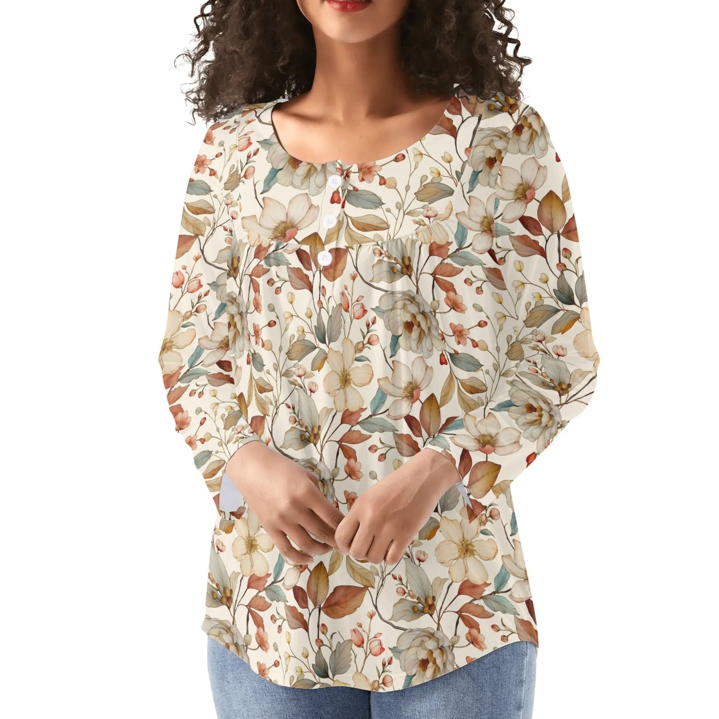 Women's Floral Long Sleeve Scoop Neck - Reg & Plus Sized Flare Blouses