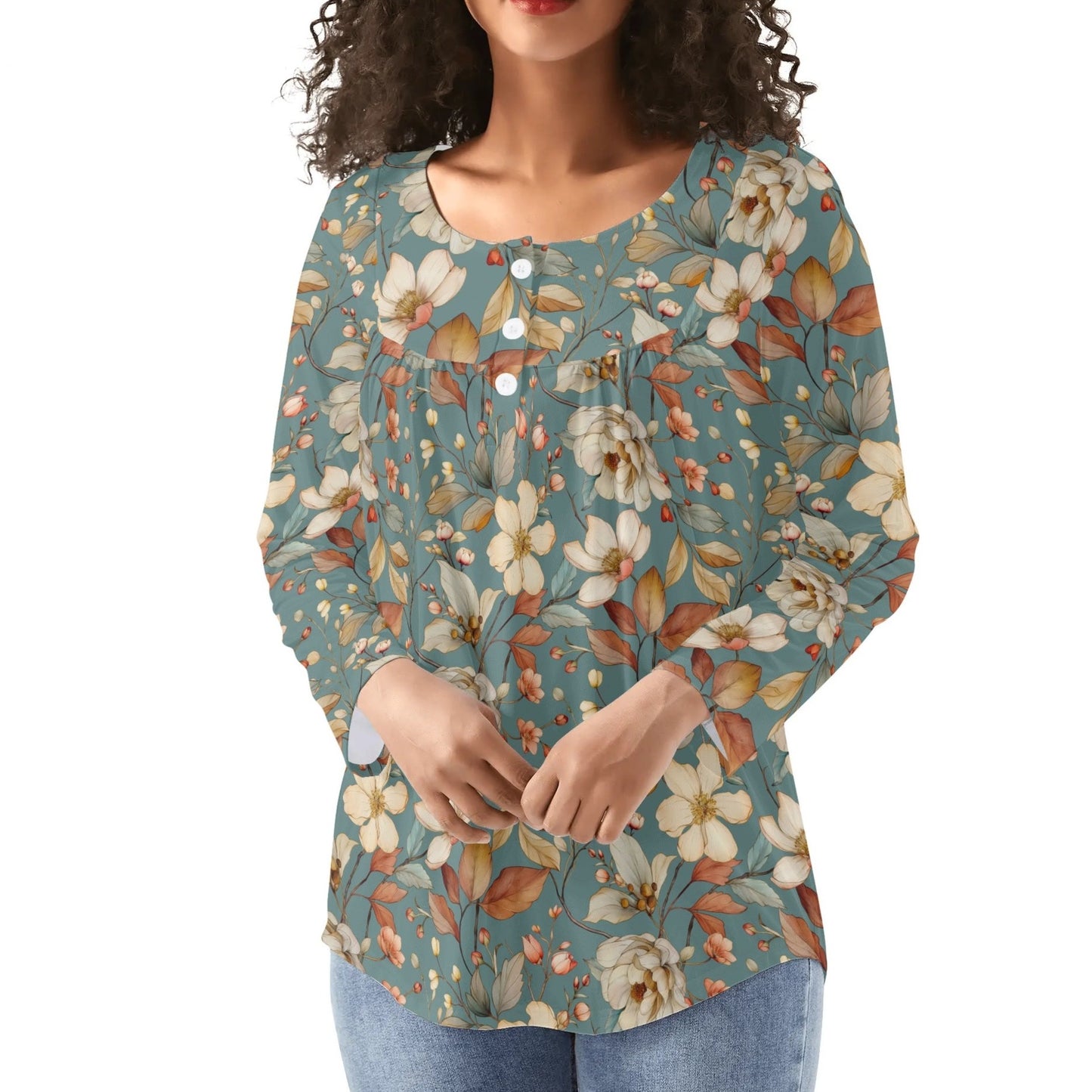 Women's Floral Long Sleeve Scoop Neck - Reg & Plus Sized Flare Blouses