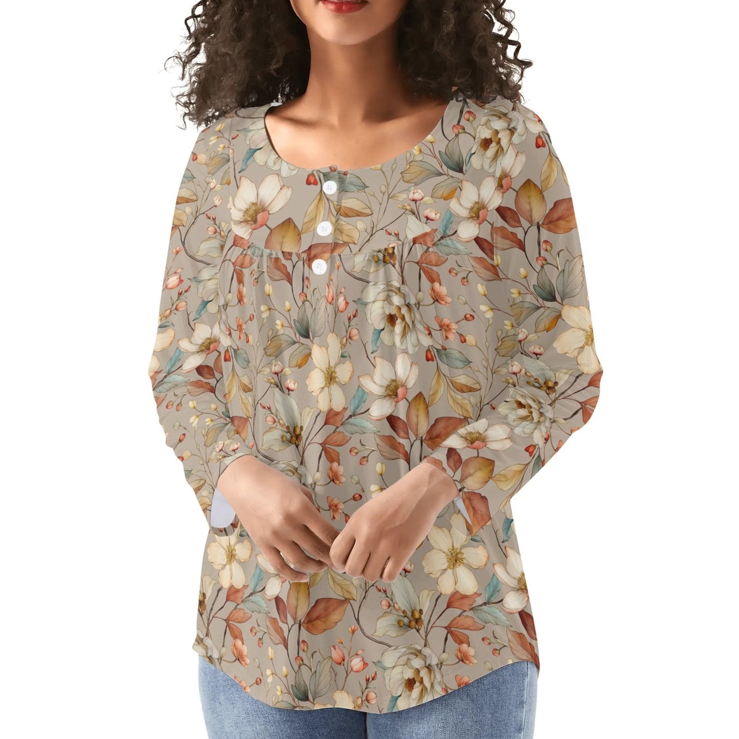 Women's Floral Long Sleeve Scoop Neck - Reg & Plus Sized Flare Blouses