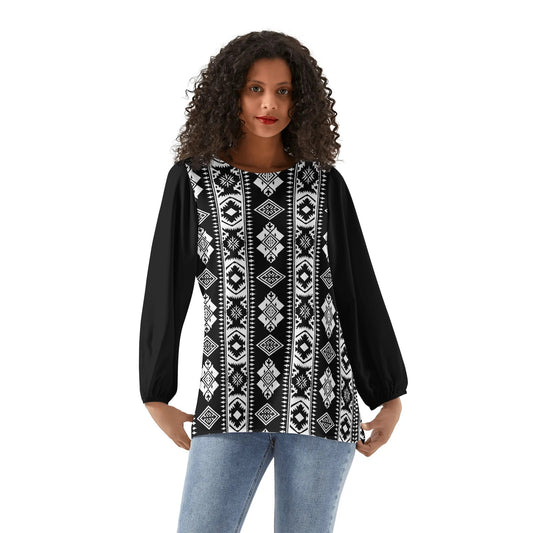 Aztec Western Black & White Womens Long-Sleeve Chiffon Blouse