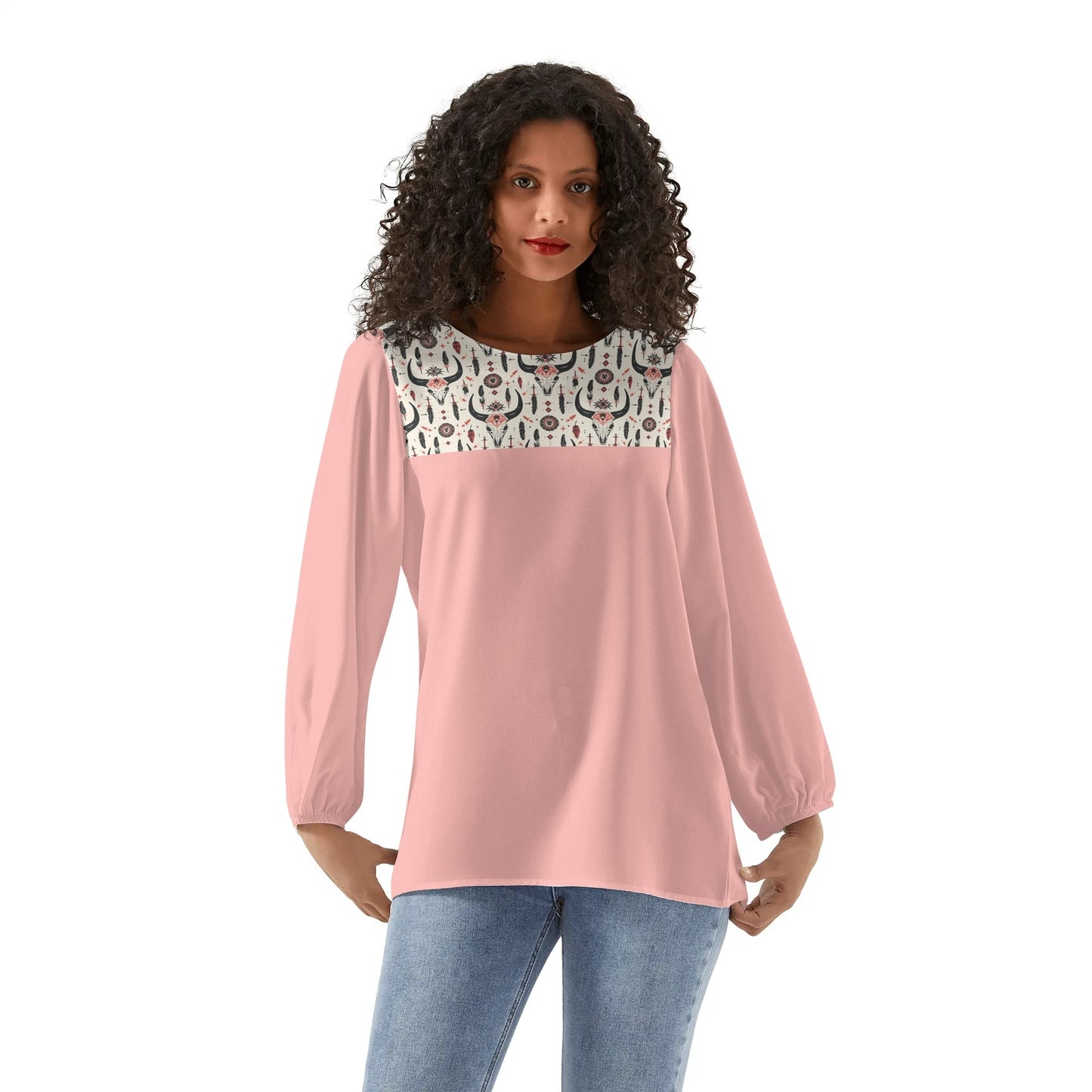 Womens Western Print Long-Sleeve Chiffon Blouses