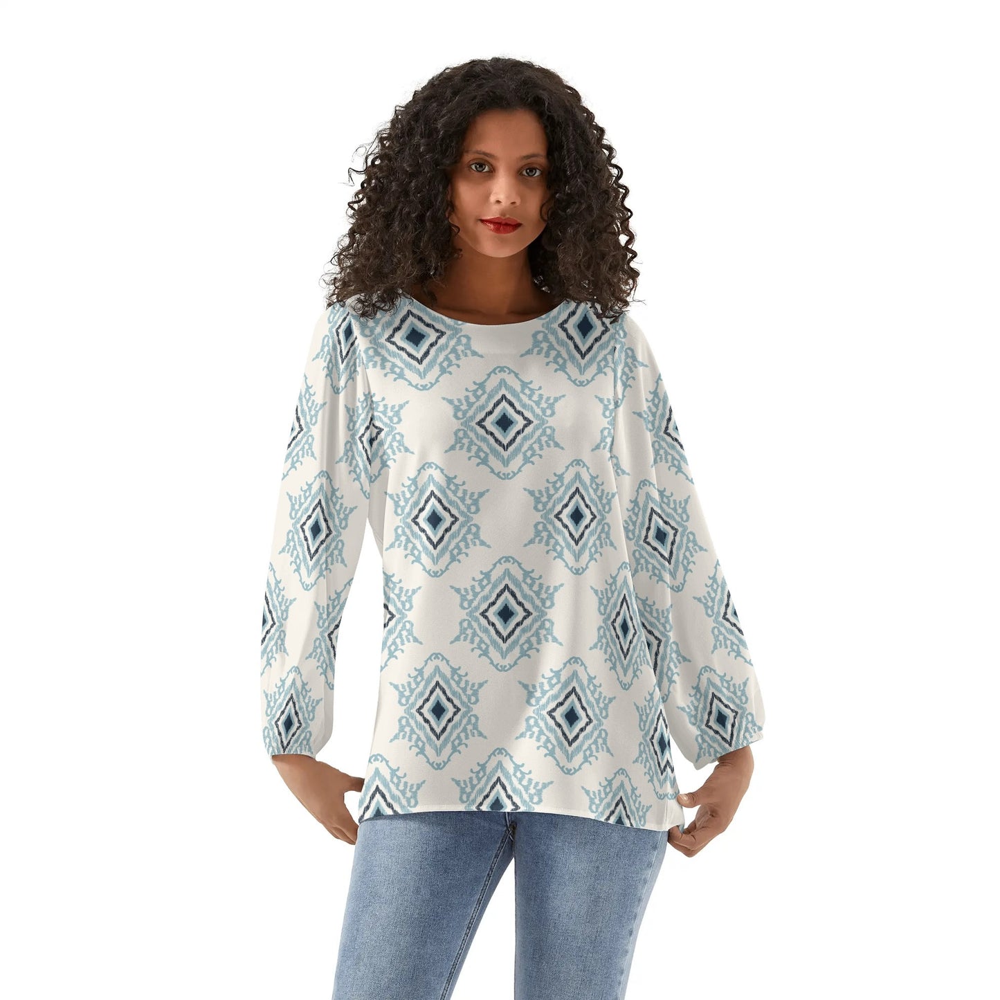 Womens Western Print Long-Sleeve Chiffon Blouses