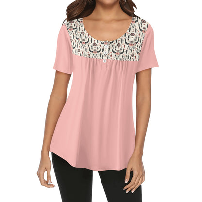 Women's Western Print Scoop Neck Short Sleeve Loose Blouses - Regular & Plus Sizes Available