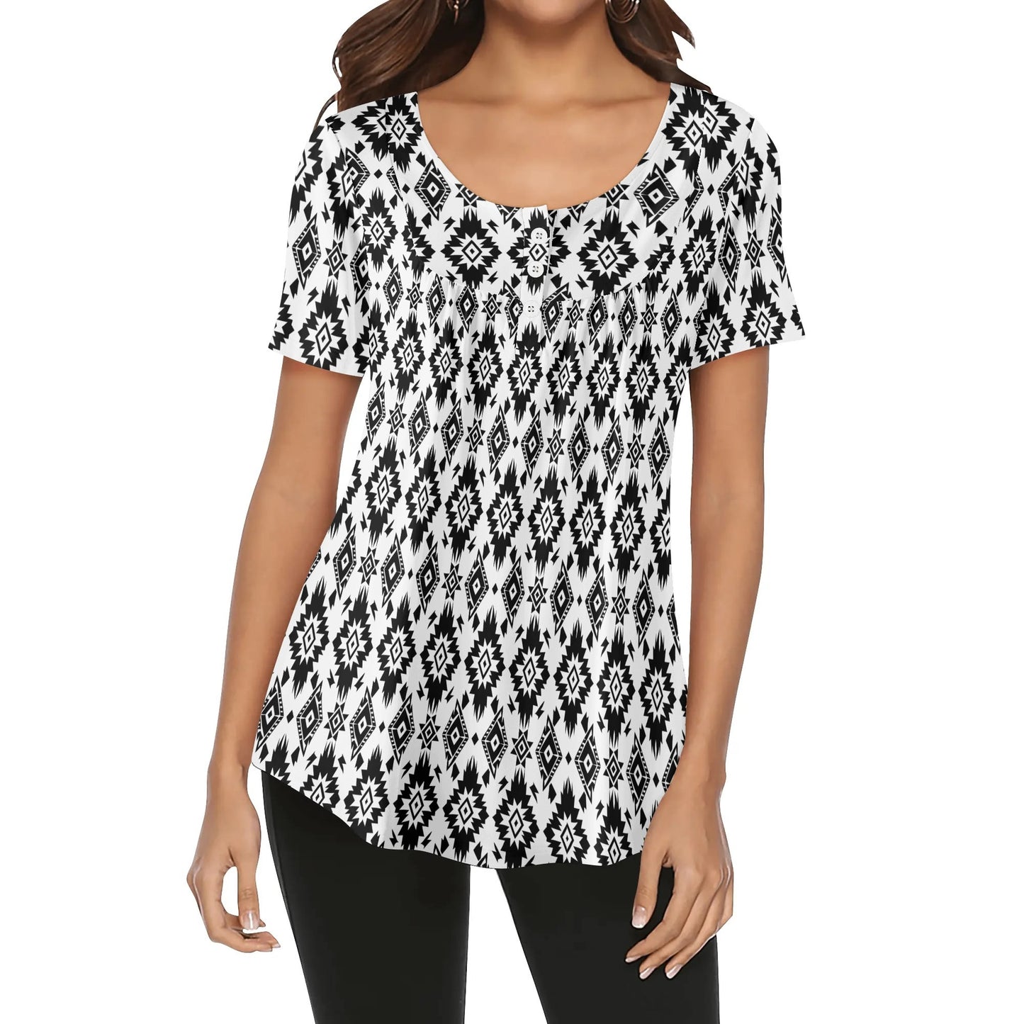 Women's Western Print Scoop Neck Short Sleeve Loose Blouses - Regular & Plus Sizes Available