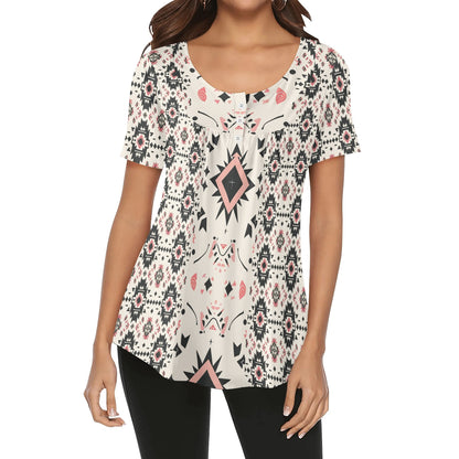 Women's Western Print Scoop Neck Short Sleeve Loose Blouses - Regular & Plus Sizes Available