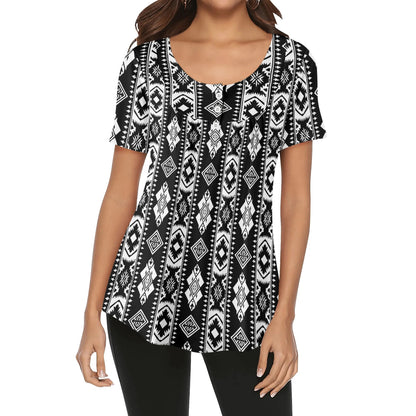 Women's Western Print Scoop Neck Short Sleeve Loose Blouses - Regular & Plus Sizes Available