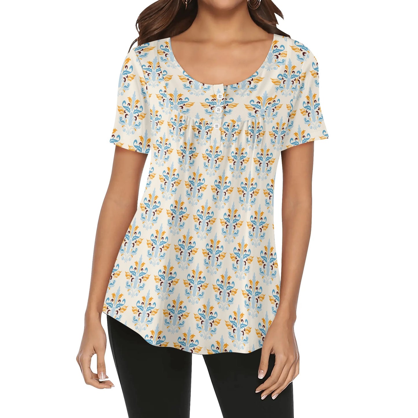 Women's Western Print Scoop Neck Short Sleeve Loose Blouses - Regular & Plus Sizes Available