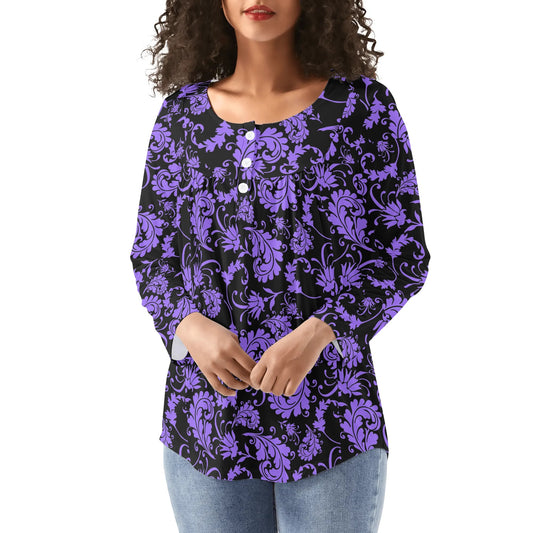 Black Paisley Womens Long Sleeve Loose Flare Blouse Scoop Neck - Plus Sizes Available