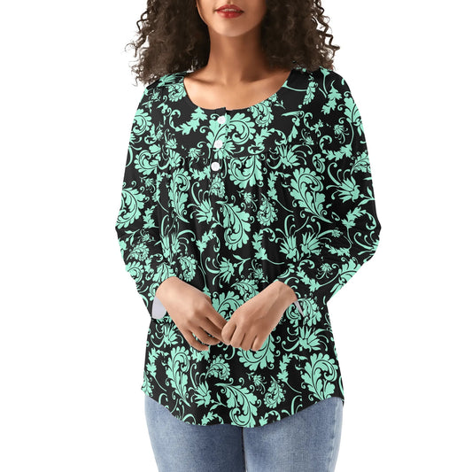 Black Muted Paisley Womens Long Sleeve Loose Flare Blouse Scoop Neck - Plus Sizes Available