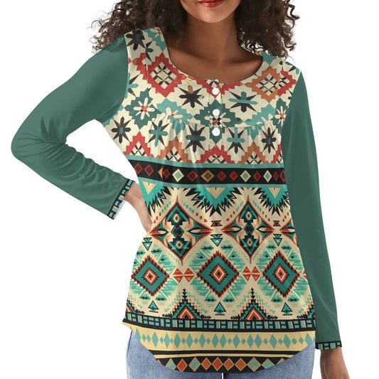 Southwestern Aztec - Women's Long Sleeve Babydoll Neck Casual Top