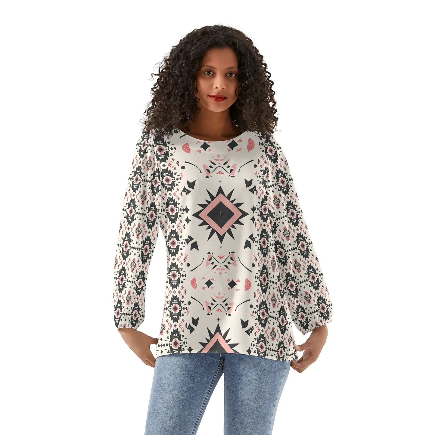 Aztec Starburst - Womens Western Print Long-Sleeve Chiffon Blouses