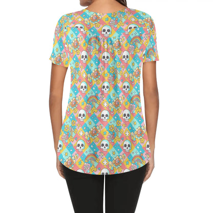 Retro Pastel Gothic Prints Womens Scoop Neck Short Sleeve Loose Blouse - Plus Sizes Available