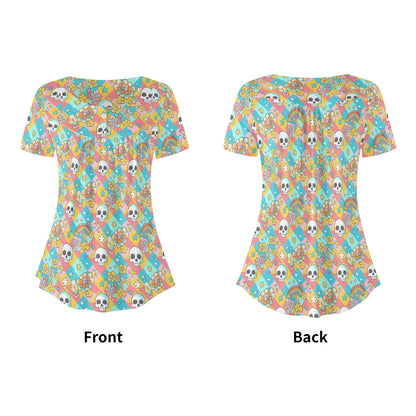 Retro Pastel Gothic Prints Womens Scoop Neck Short Sleeve Loose Blouse - Plus Sizes Available