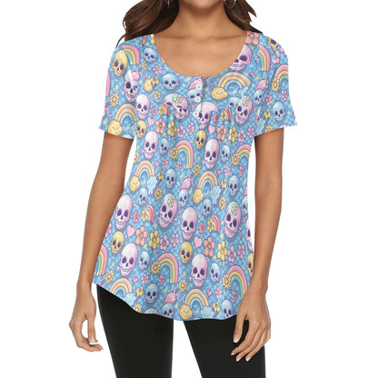 Retro Pastel Gothic Prints Womens Scoop Neck Short Sleeve Loose Blouse - Plus Sizes Available