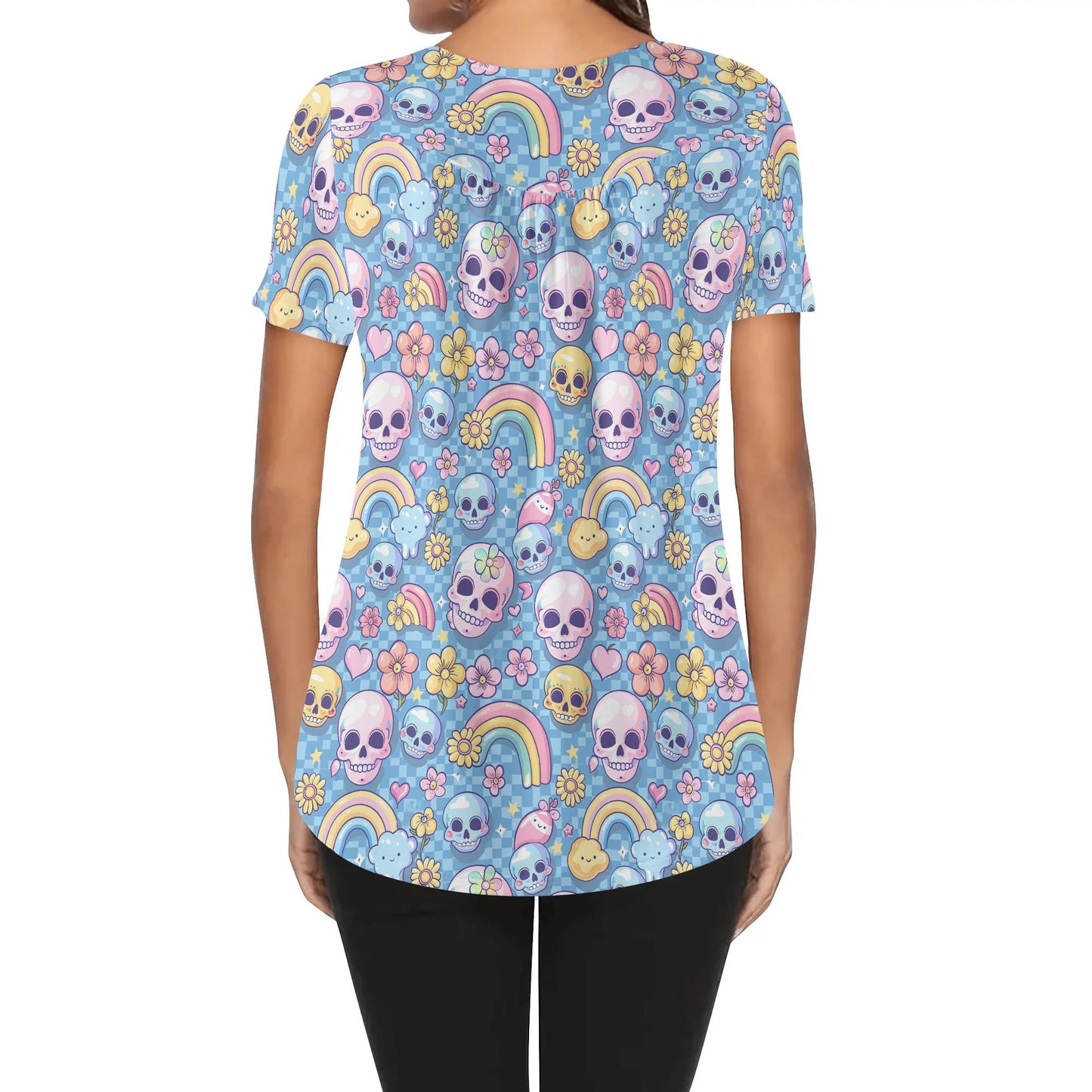 Retro Pastel Gothic Prints Womens Scoop Neck Short Sleeve Loose Blouse - Plus Sizes Available