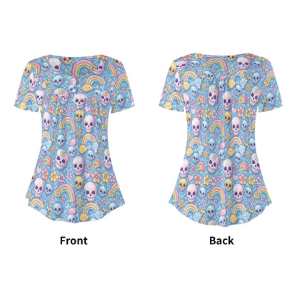 Retro Pastel Gothic Prints Womens Scoop Neck Short Sleeve Loose Blouse - Plus Sizes Available