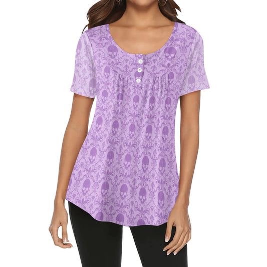 Shades of Pink & Purple Skulls Womens Scoop Neck Short Sleeve Loose Blouse - Plus Sizes Available