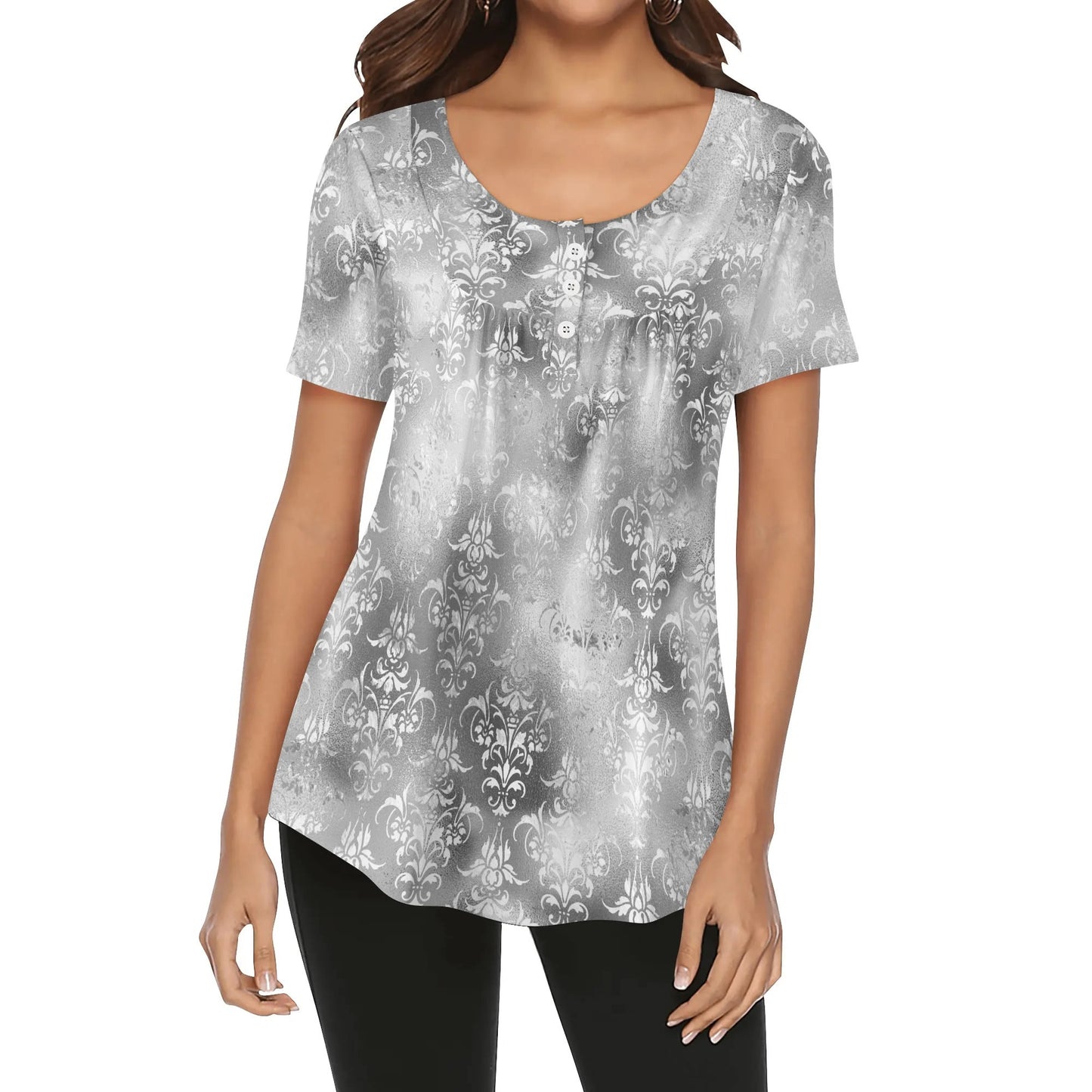 Women's Damask Scoop Neck Short Sleeve Loose Blouse - Plus Sizes Available