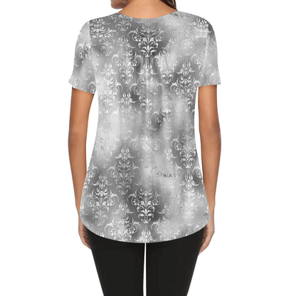 Women's Damask Scoop Neck Short Sleeve Loose Blouse - Plus Sizes Available