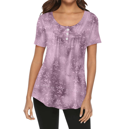 Women's Damask Scoop Neck Short Sleeve Loose Blouse - Plus Sizes Available