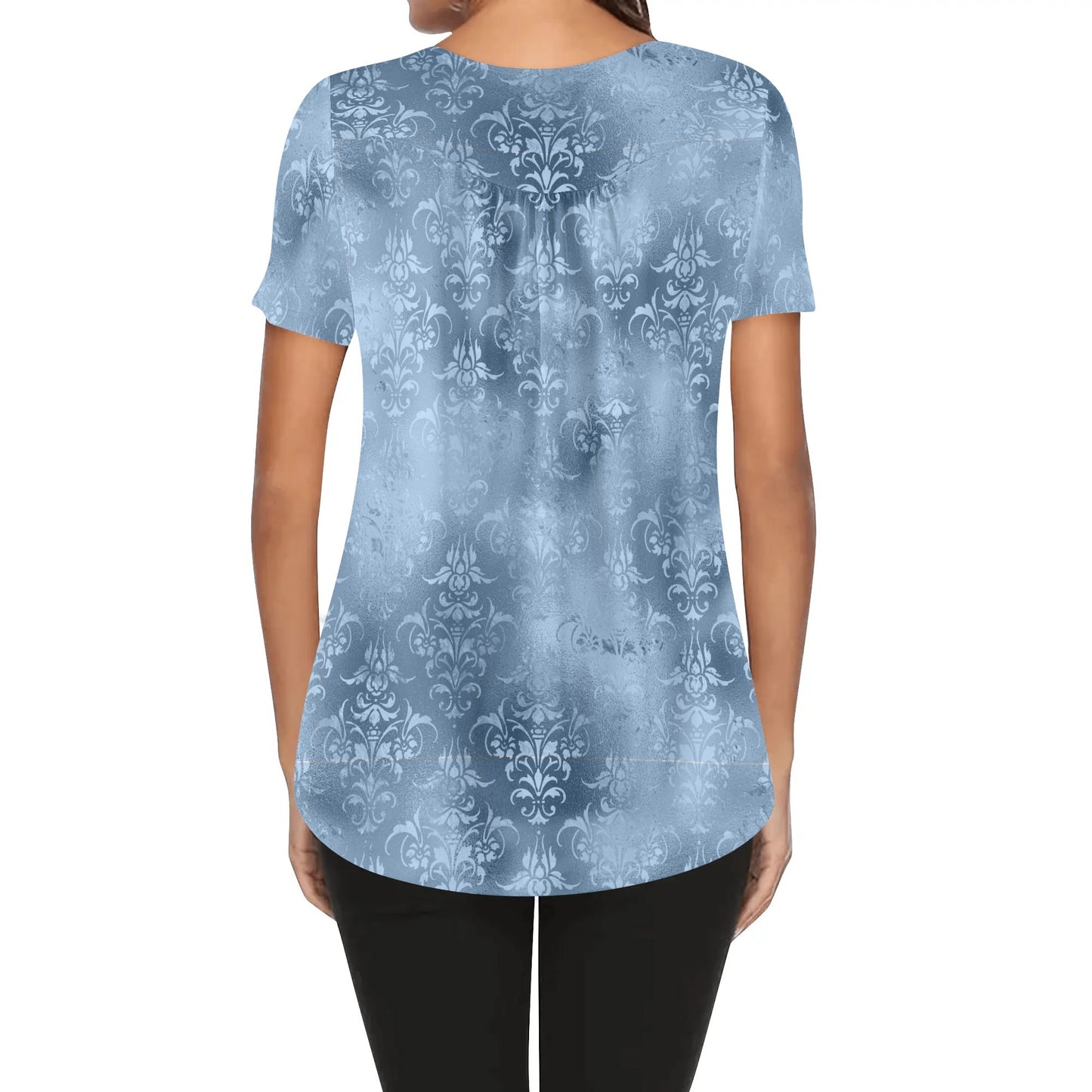 Women's Damask Scoop Neck Short Sleeve Loose Blouse - Plus Sizes Available