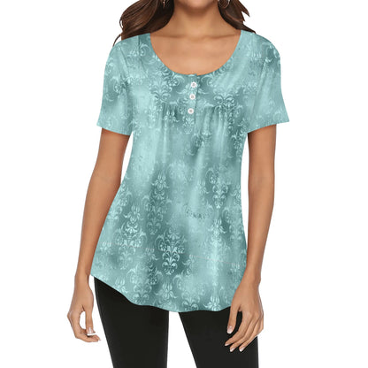 Women's Damask Scoop Neck Short Sleeve Loose Blouse - Plus Sizes Available