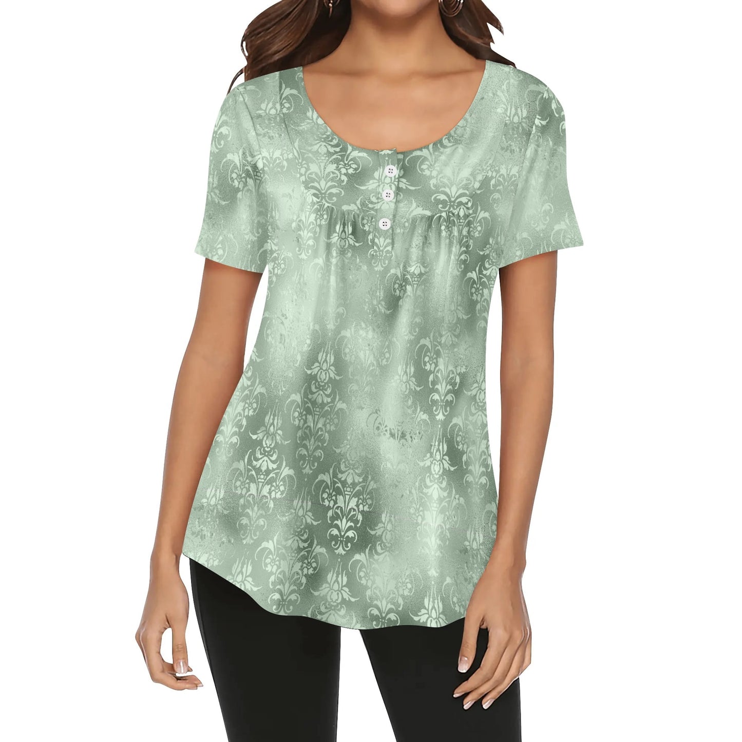 Women's Damask Scoop Neck Short Sleeve Loose Blouse - Plus Sizes Available