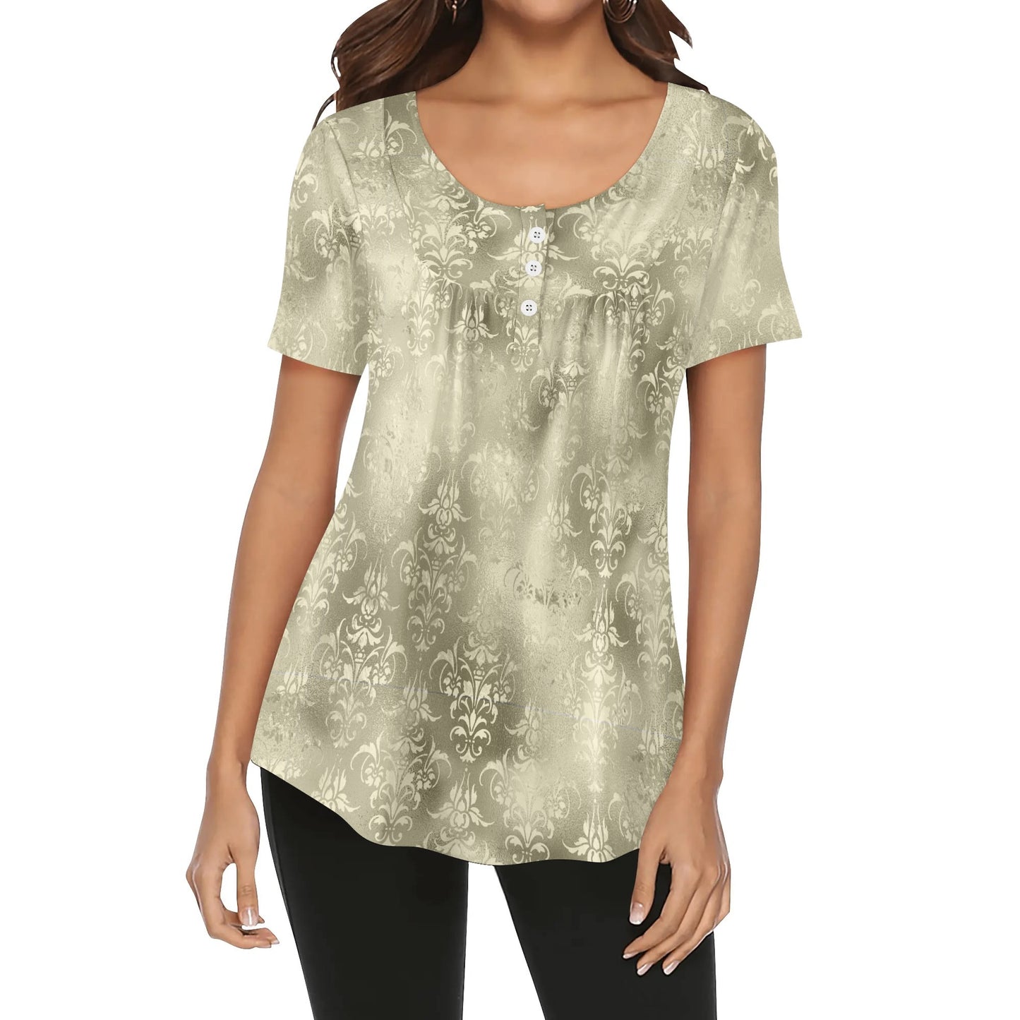 Women's Damask Scoop Neck Short Sleeve Loose Blouse - Plus Sizes Available