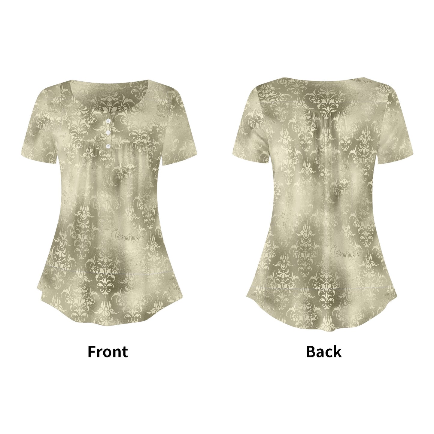 Women's Damask Scoop Neck Short Sleeve Loose Blouse - Plus Sizes Available