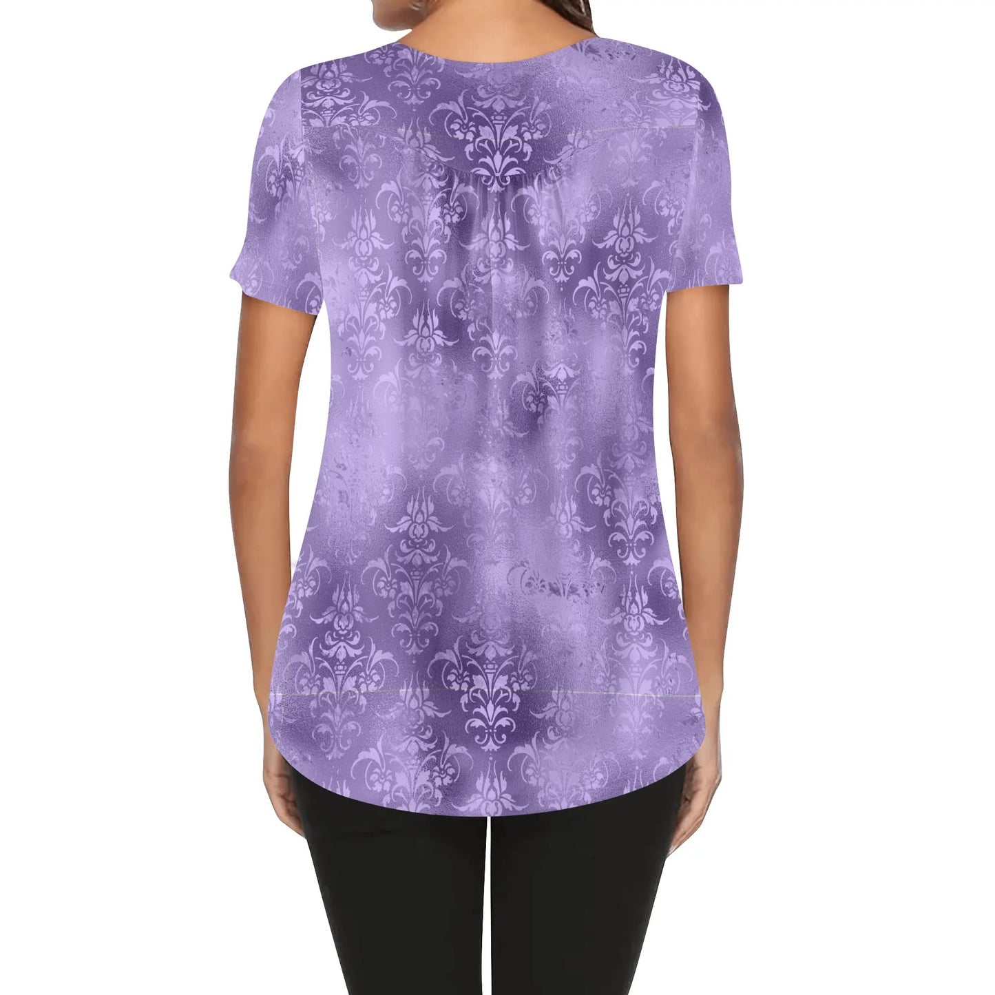 Women's Damask Scoop Neck Short Sleeve Loose Blouse - Plus Sizes Available