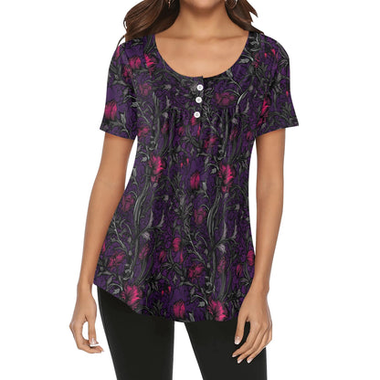 Womens Flowery Scoop Neck Short Sleeve Loose Blouse - Plus Sizes Available