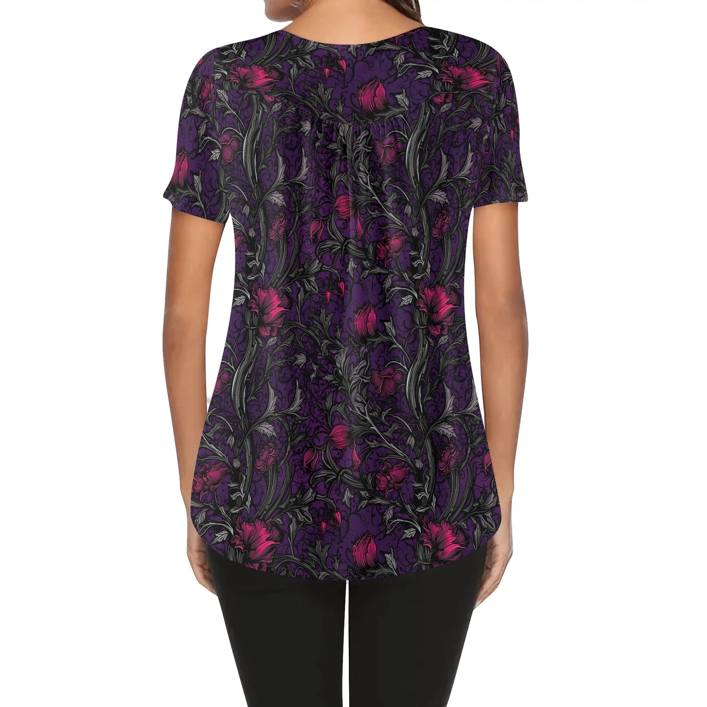 Womens Flowery Scoop Neck Short Sleeve Loose Blouse - Plus Sizes Available