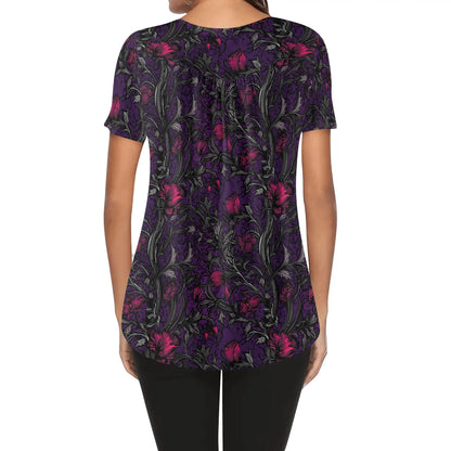 Womens Flowery Scoop Neck Short Sleeve Loose Blouse - Plus Sizes Available