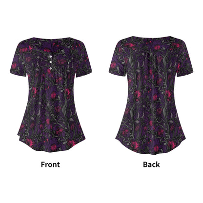 Womens Flowery Scoop Neck Short Sleeve Loose Blouse - Plus Sizes Available