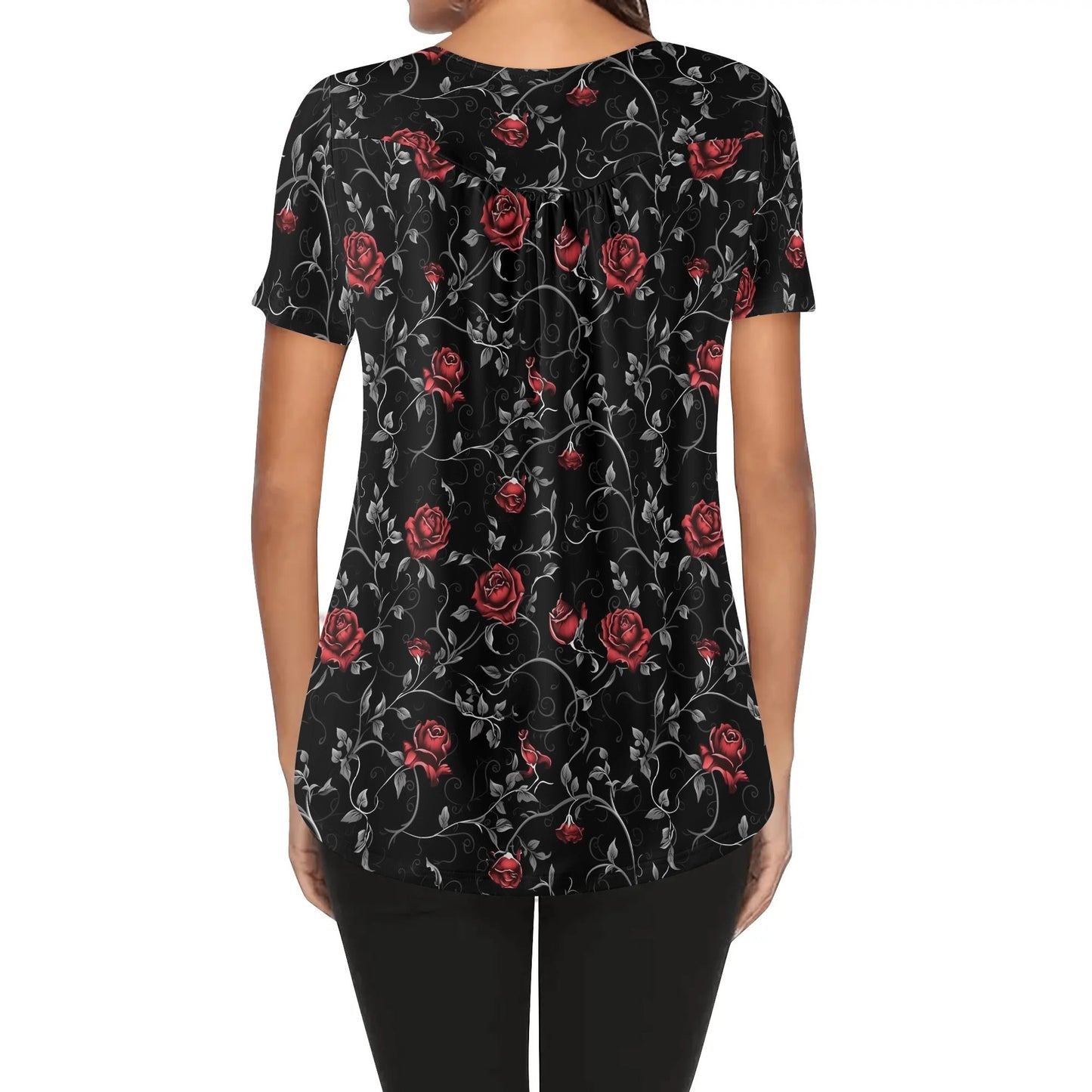 Womens Flowery Scoop Neck Short Sleeve Loose Blouse - Plus Sizes Available