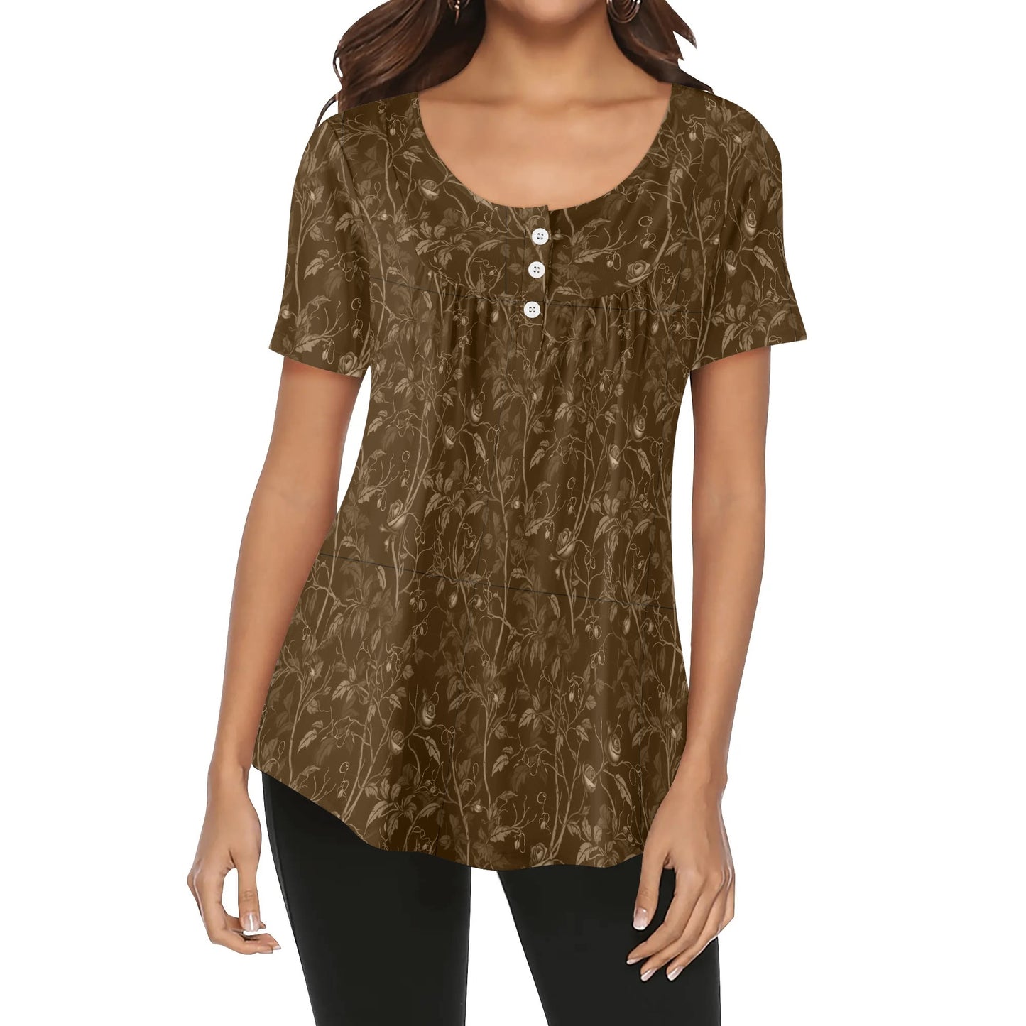 Womens Flowery Scoop Neck Short Sleeve Loose Blouse - Plus Sizes Available