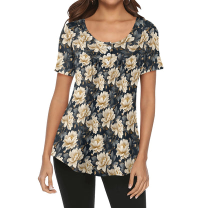 Womens Flowery Scoop Neck Short Sleeve Loose Blouse - Plus Sizes Available