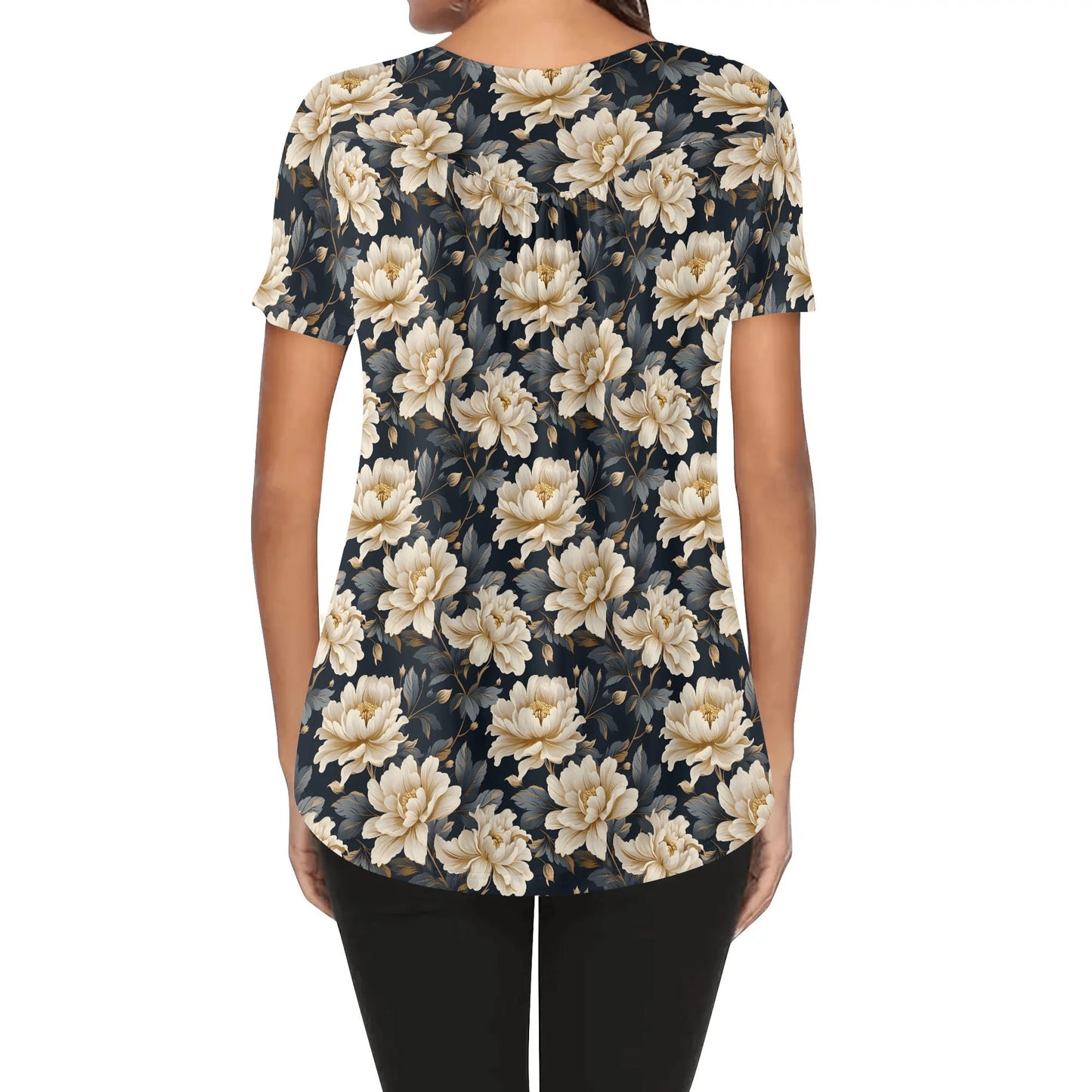 Womens Flowery Scoop Neck Short Sleeve Loose Blouse - Plus Sizes Available