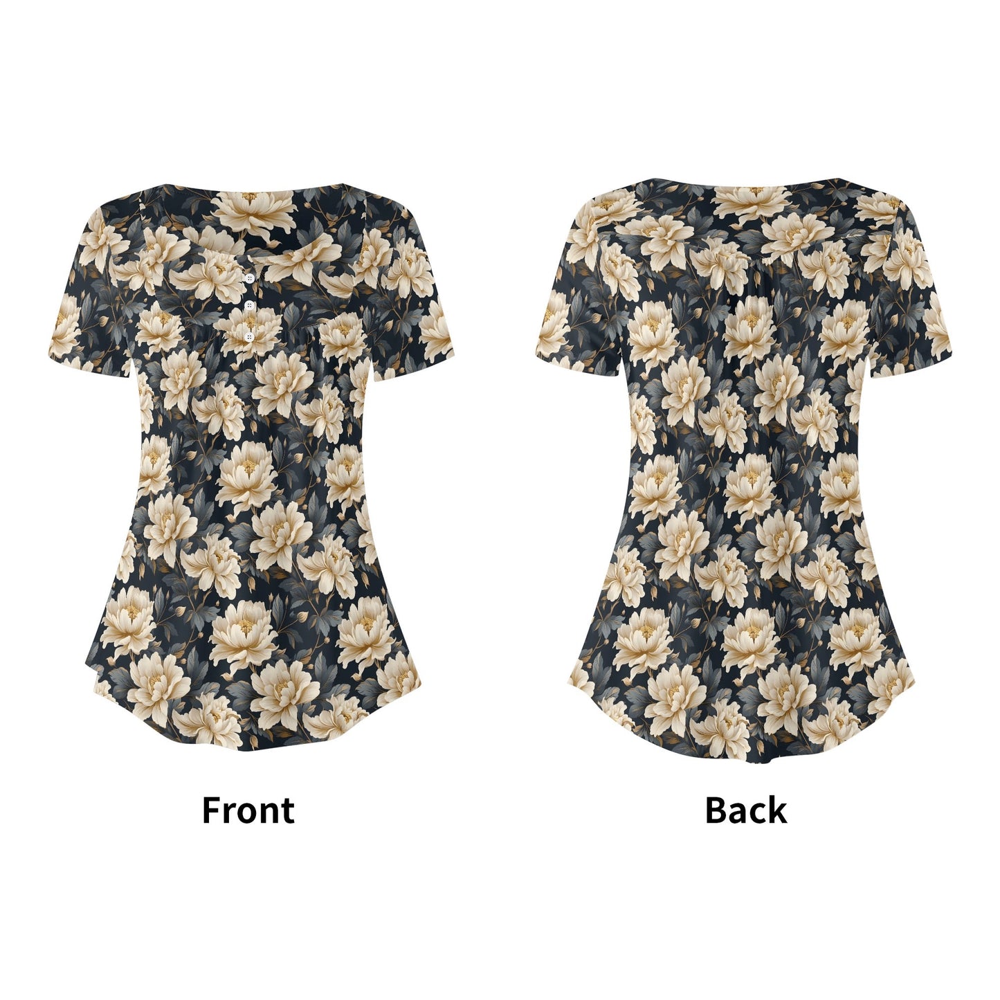 Womens Flowery Scoop Neck Short Sleeve Loose Blouse - Plus Sizes Available